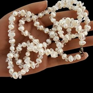 Pearl necklace with white quartz stones 925 sterling silver clasp  A0017